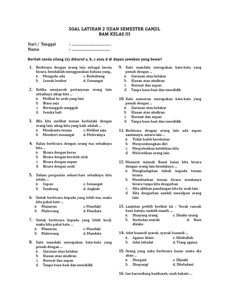 Soal Bam Kelas 3 Sd Semester 1