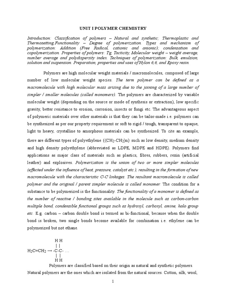 7 UNIT I - Polymer Chemistry | PDF | Polymerization | Polymers