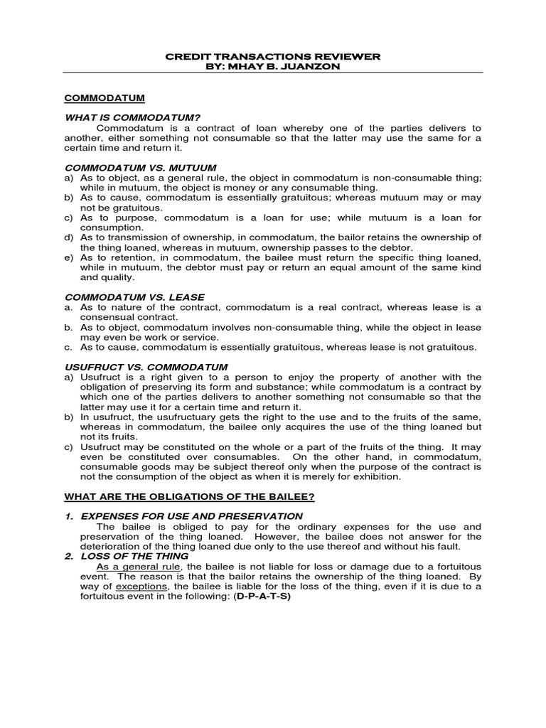 Understanding Commodatum Contracts | PDF | Guarantee | Mortgage Law
