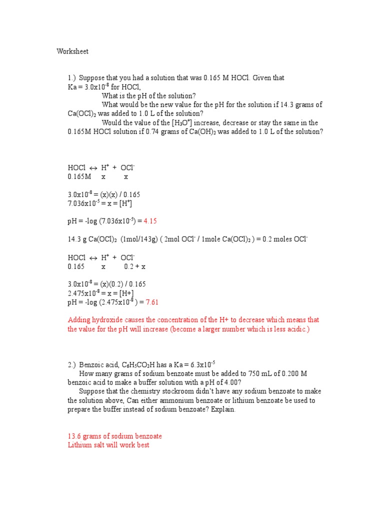 Buffer Solutions Worksheet and Analysis | PDF | Science & Mathematics