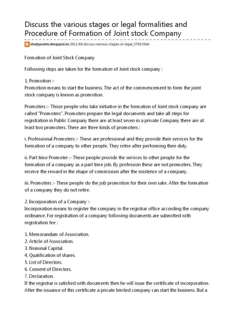 Procedure of Formation of Joint Stock Company | PDF | Government