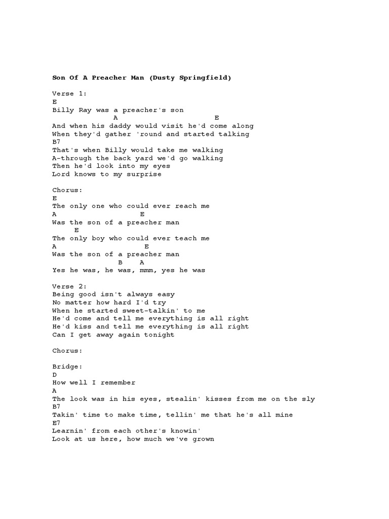 Chords Lyrics Son Of A Preacher Man Pdf scribd
