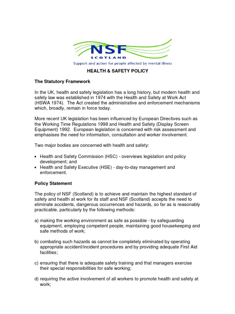 NSF Scotland Health & Safety Policy Guide | PDF | Occupational Safety ...
