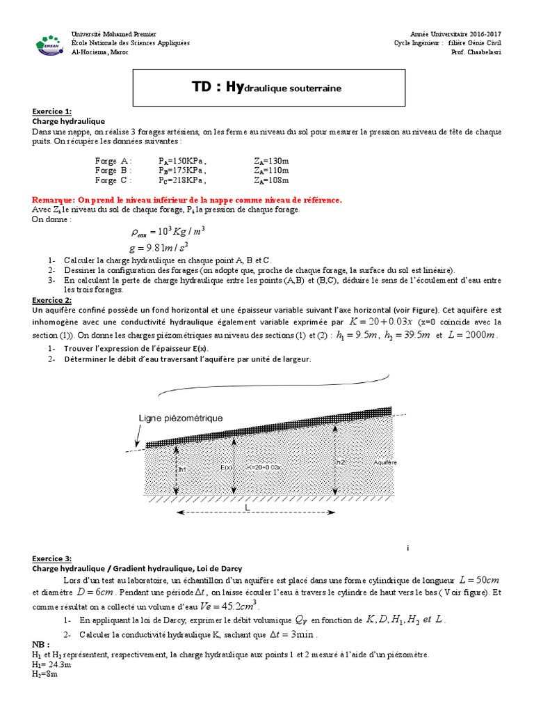 Cours Et Exercices Corrigés D hydraulique Générale Pdf TD Hydraulique Souterraine Serie1 | PDF | Forage | Liquides