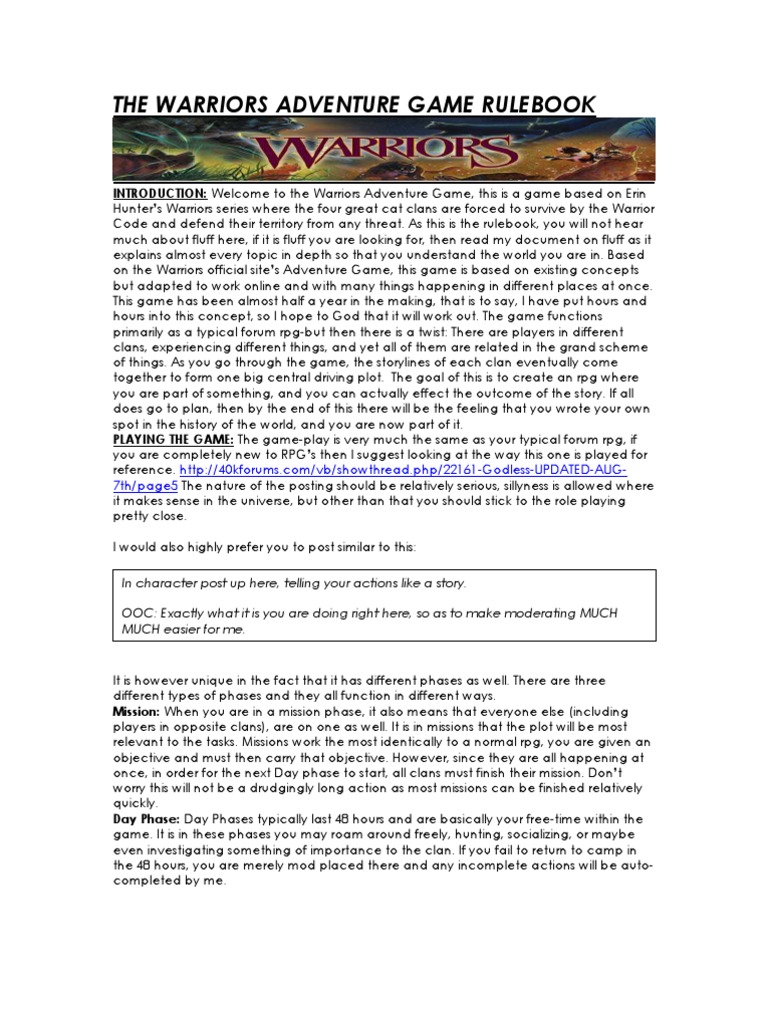 Warriors Adventure Game Rulebook | PDF | Warriors (Novel Series ...