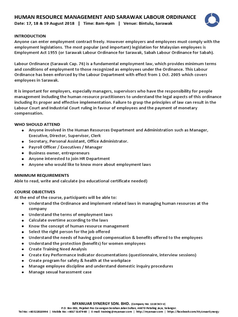 Bintulu Hr Management Sarawak Labour Ordinance Pdf Employment Labour Law