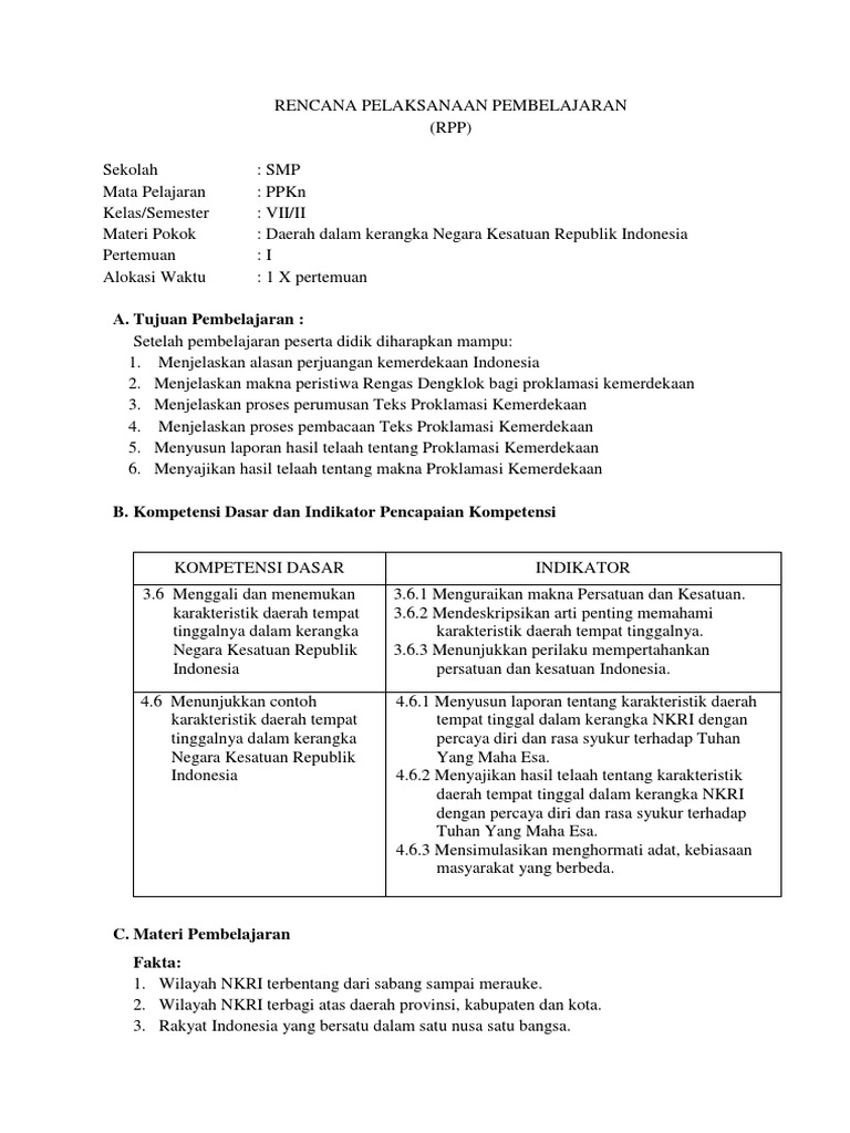 RPP PPKn Bab 6 Kelas 7 Pertemuan I