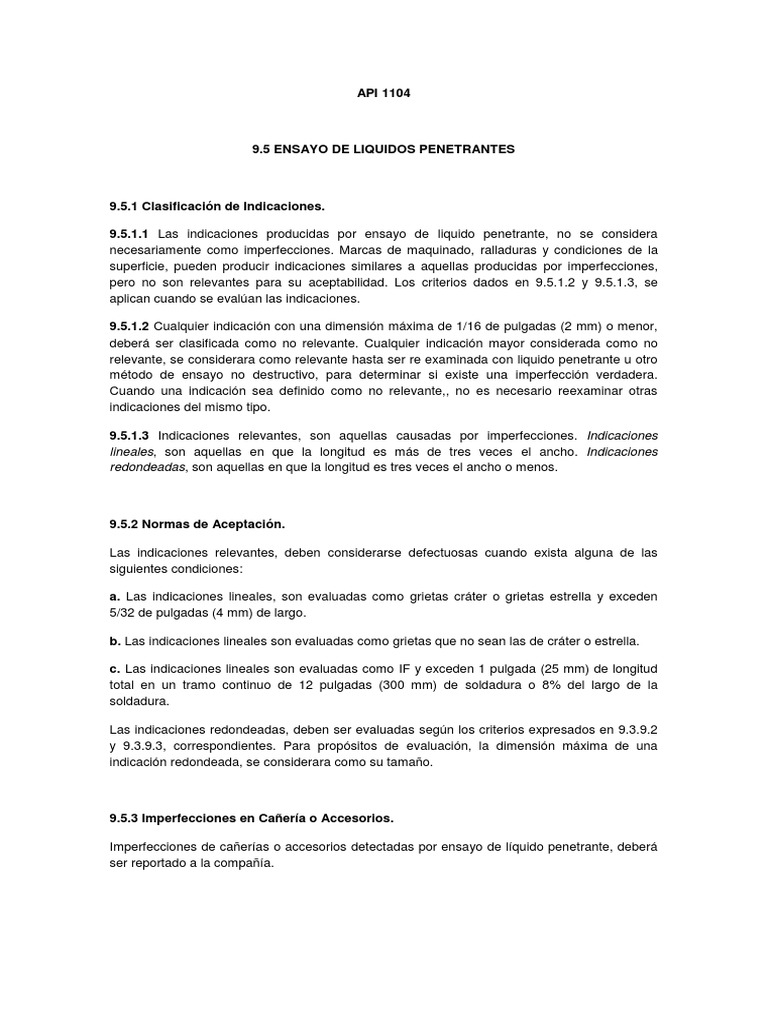 API 1104 - Liquidos Penetrantes | PDF | Pruebas no destructivas | Pulgada