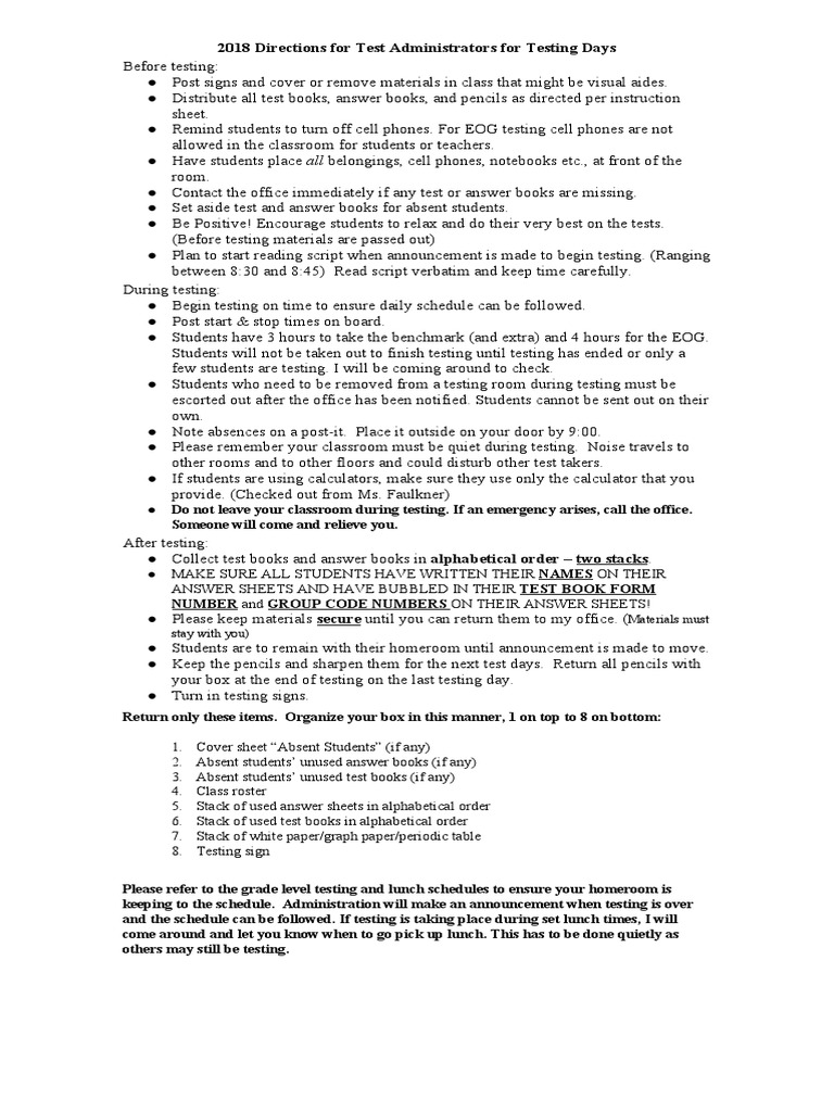 2018 Testing Instructions | PDF | Behavior Modification