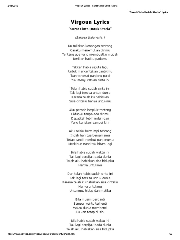 Virgoun Lyrics Surat Cinta Untuk Starla PDF