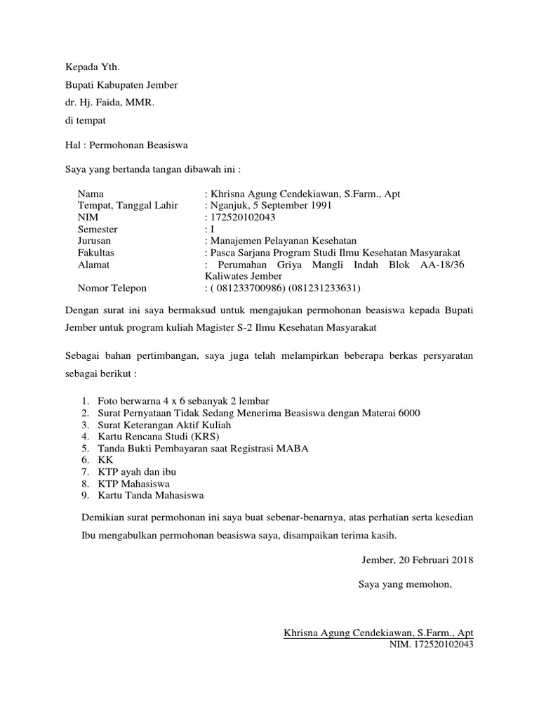 Surat Permohonan Beasiswa Kepada Bupati Guru Paud