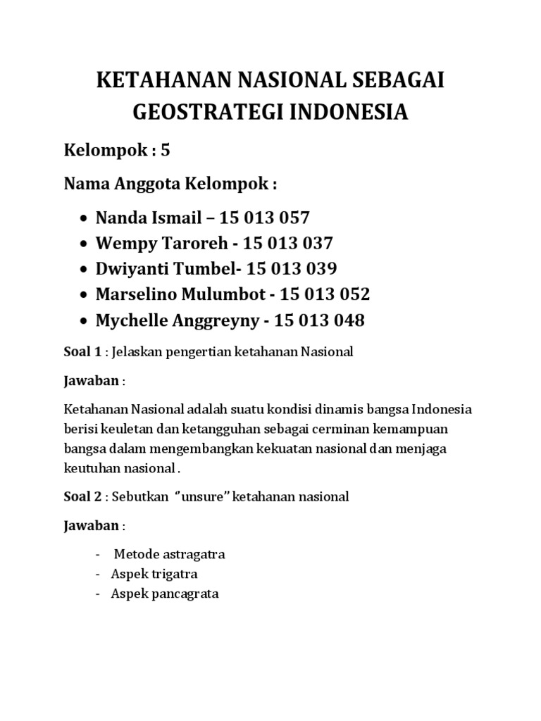 Soal 15 Sebutkan Asas Ketahanan Nasional