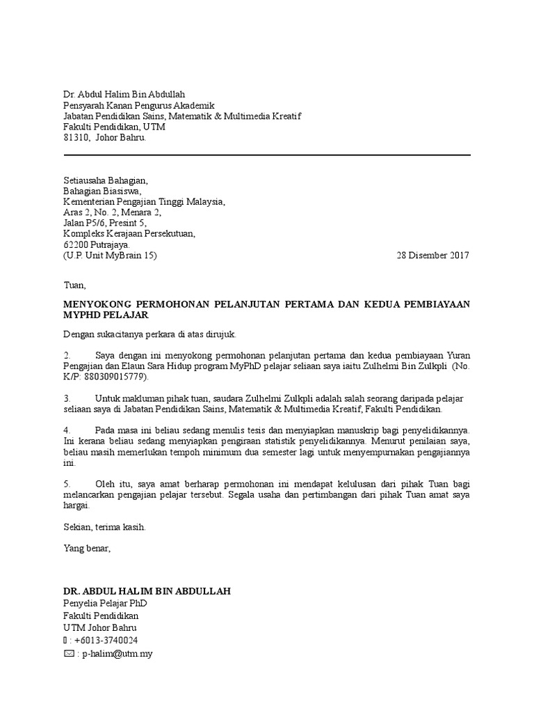 Surat Sokongan Penyelia Untuk Pelanjutan Pdf