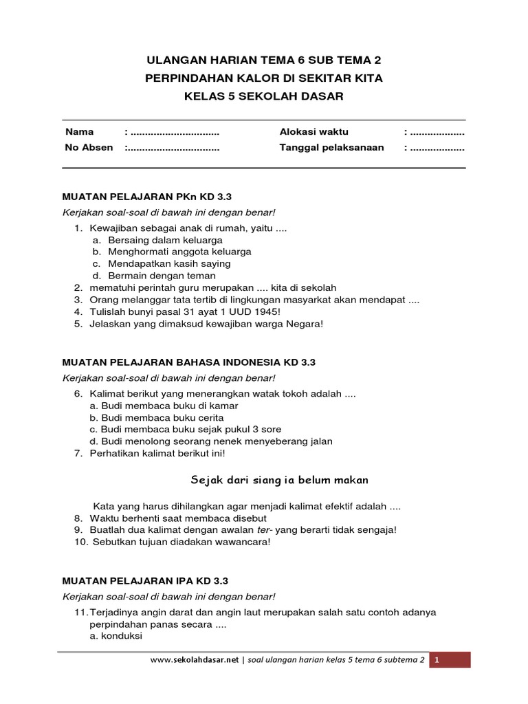 Ulangan Harian Kelas 5 Tema 6 Subtema 2 Pdf