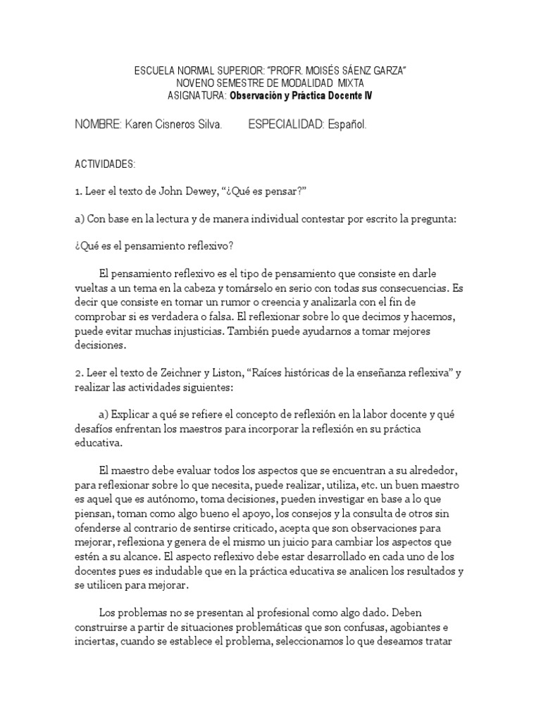 Reflexión en la Práctica Docente | PDF | John Dewey | Maestros
