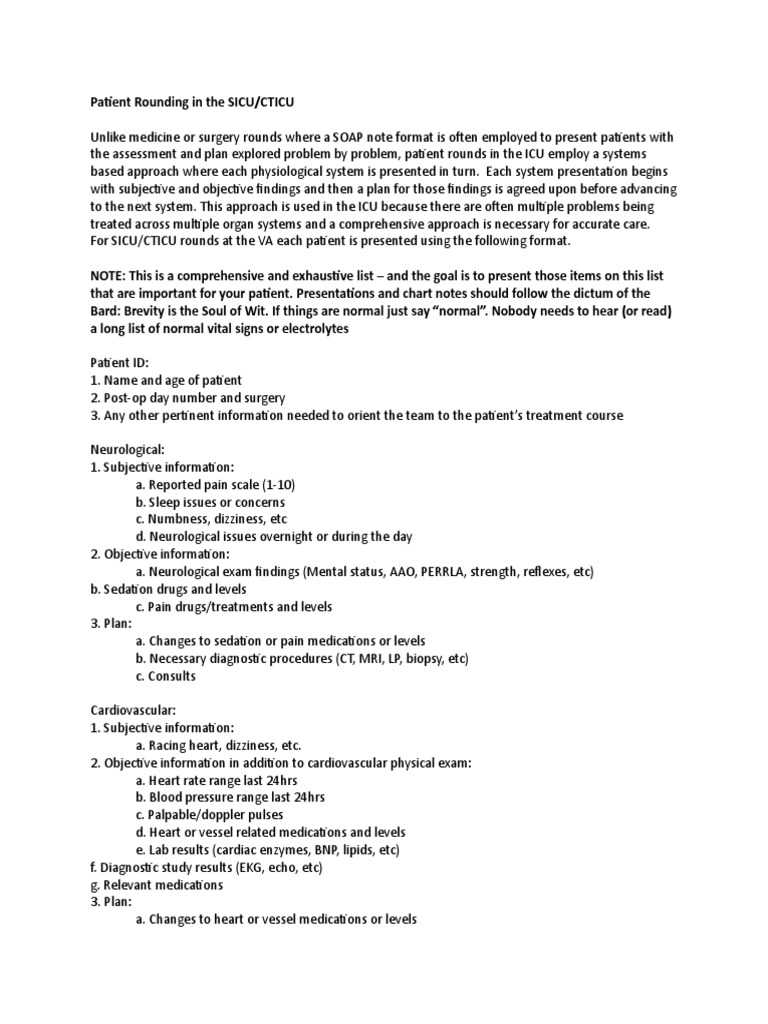 SICU/CTICU Patient Rounding Guide | PDF | Neurology | Angiography