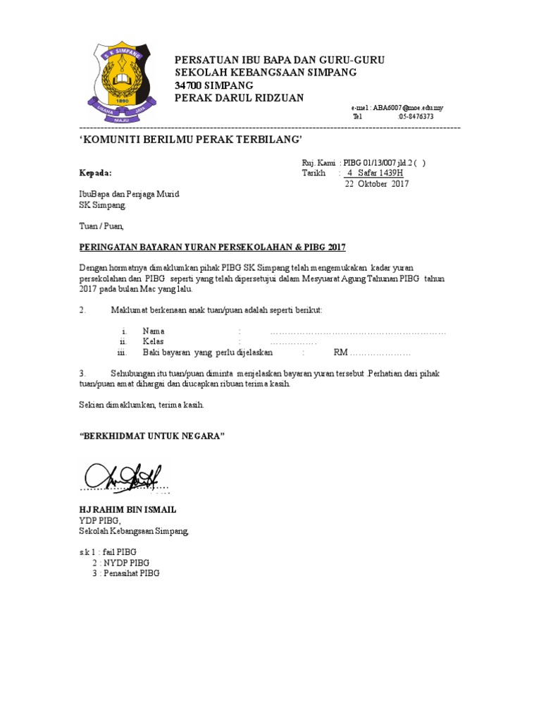 Surat Peringatan Bayaran Yuran Pibg Pdf