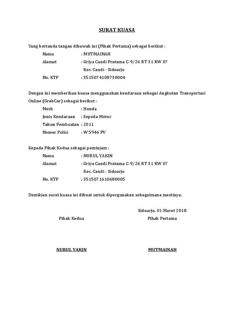Contoh Surat Kuasa Peminjaman Motor Grab