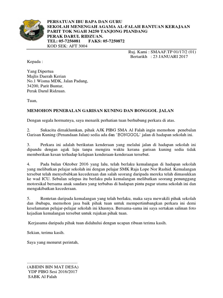 Contoh Surat Mohon Bonggol Jalan Dari Pemaju Kepada Majlis Daerah