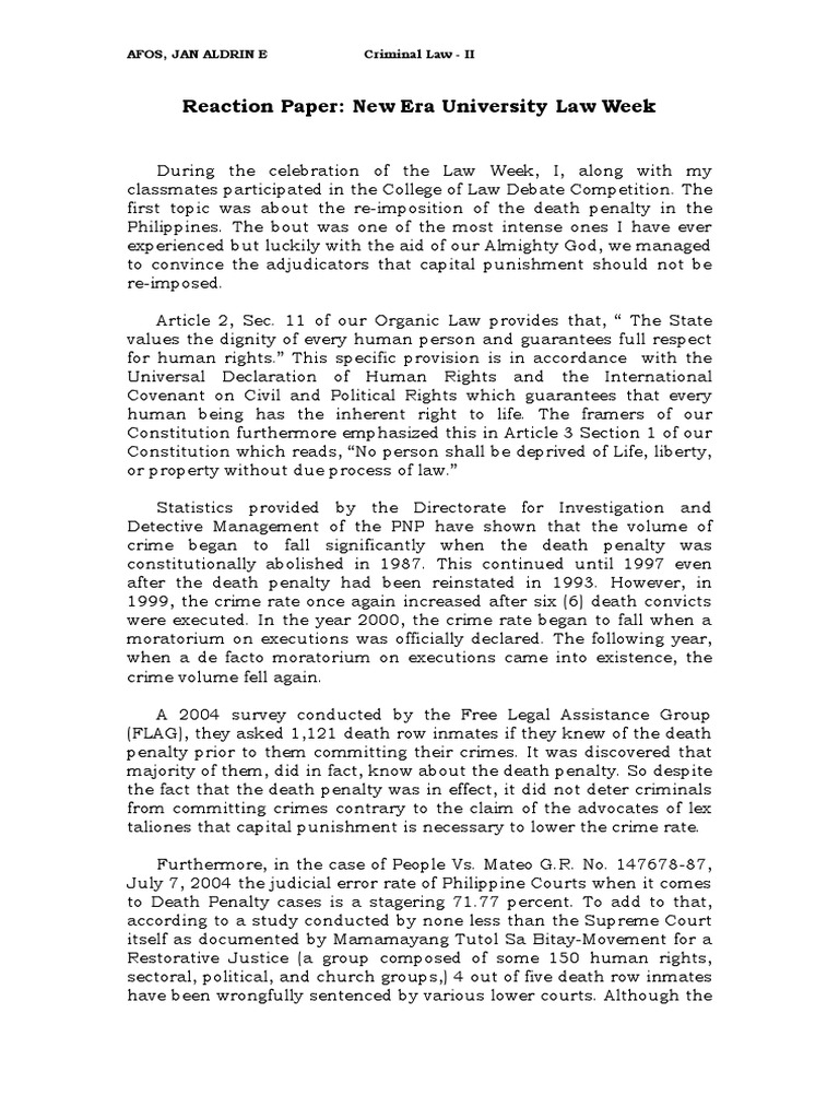 Reaction Paper PDF Death Row Capital Punishment