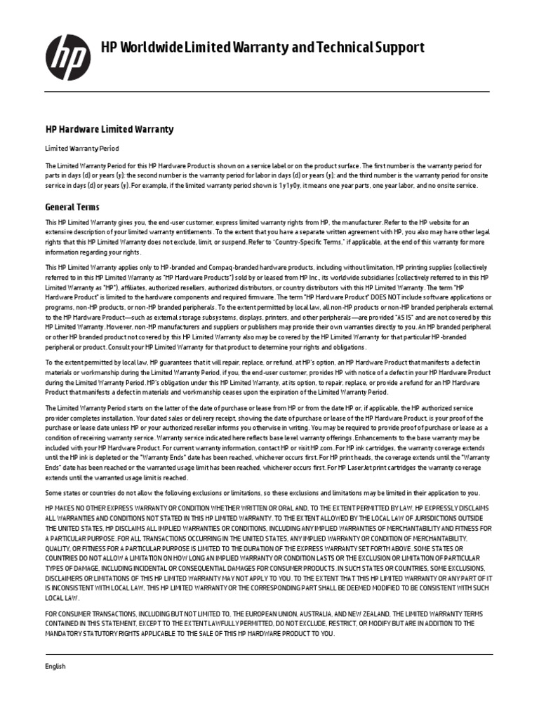 HP Warranty PDF Hewlett Packard Damages