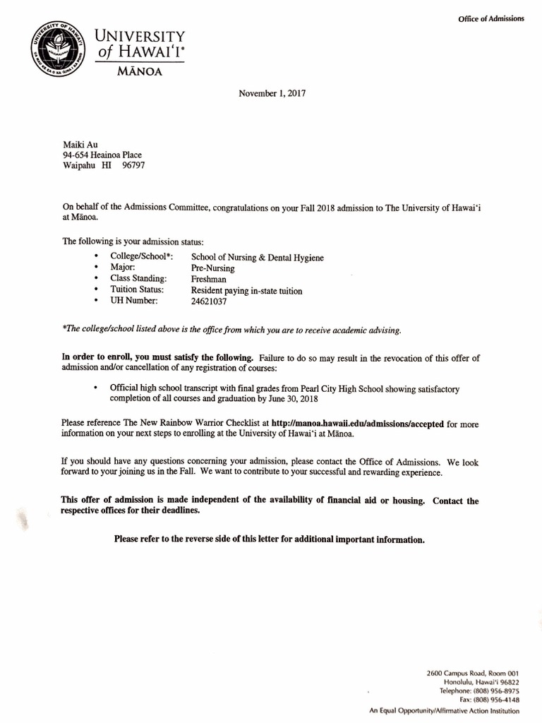 Uh Manoa Acceptance Letter | PDF