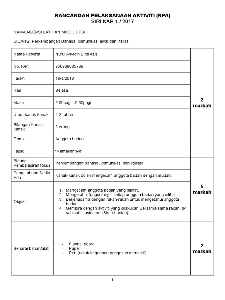 5 Rpa Template Bahasakomunikasi Awal Literasi Pdf