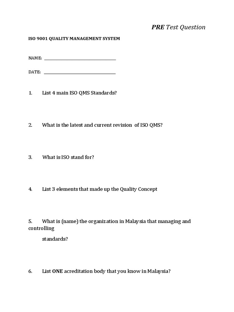 ISO 9001 QMS Pre-Test Questions | PDF