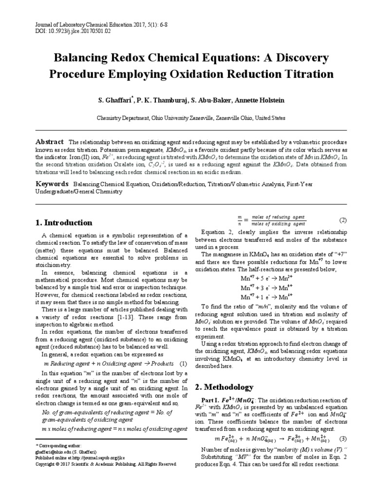 Balancing Redox Chemical Equations: A Discovery Procedure Employing ...