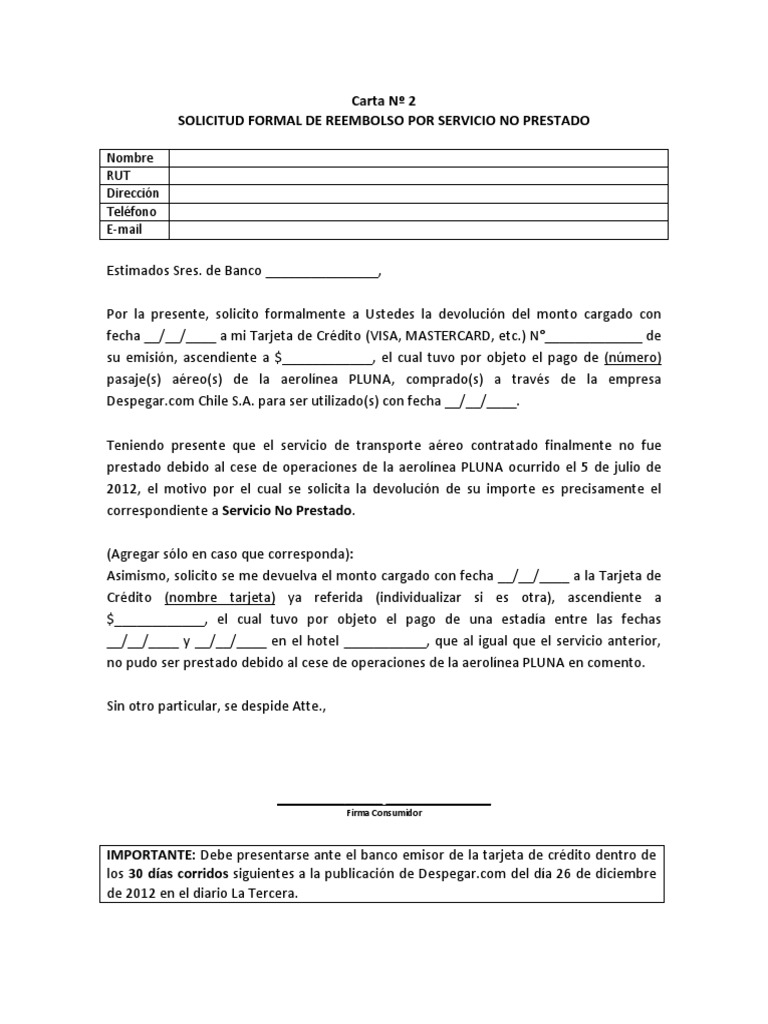 Carta 2 Solicitud Formal De Reembolso Por Servicio No Prestado Tarjeta De Credito Bancario