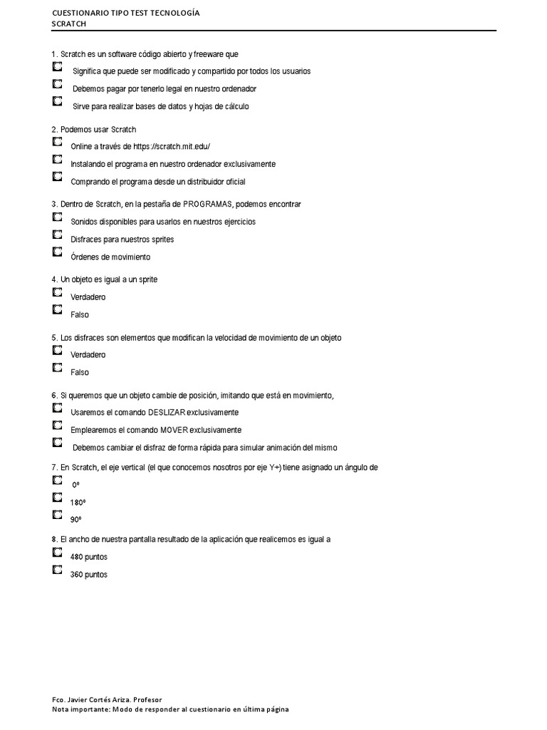 Cuestionario de Scratch: Test de Conocimientos | PDF | Scratch ...