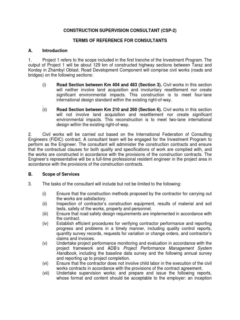 Terms of Reference for Construction Supervision | PDF | Emergency ...