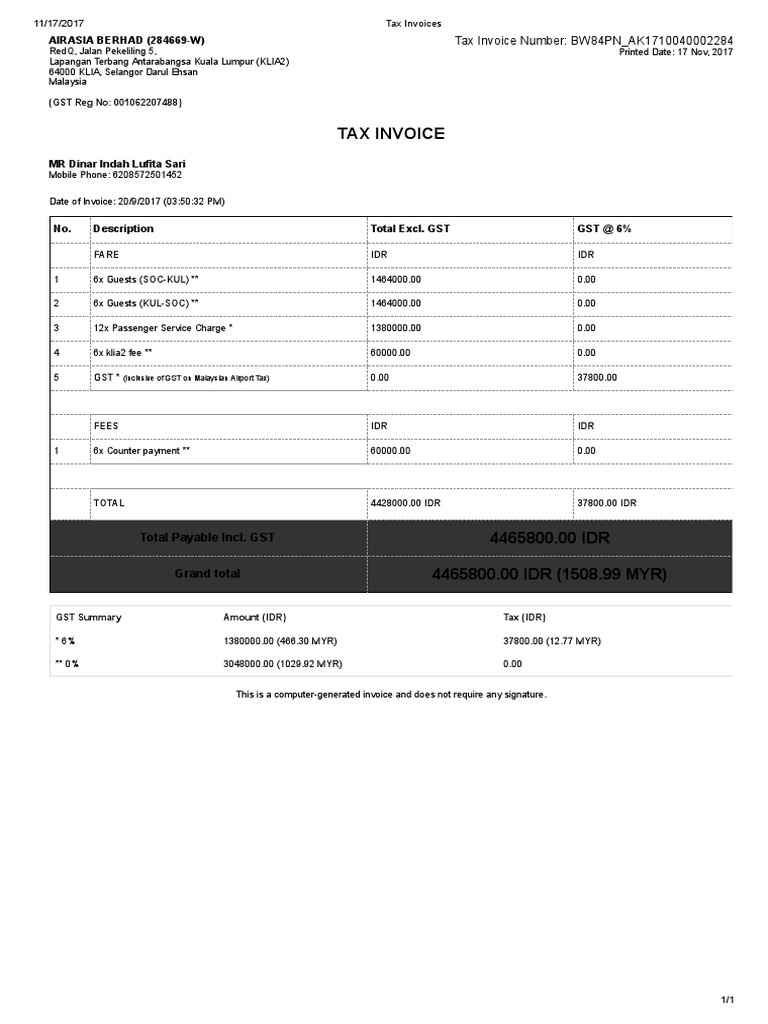 AirAsia Tax Invoice - Nov 2017 | PDF