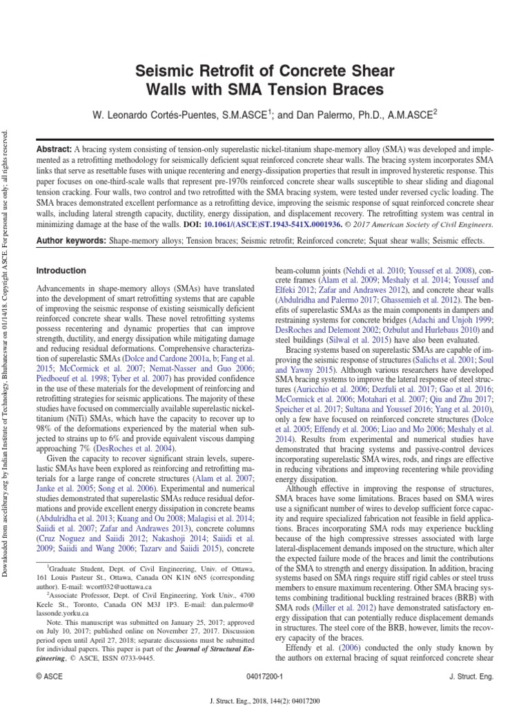 Seismic Retrofit of Concrete Shear Walls With SMA Tension Braces | PDF ...