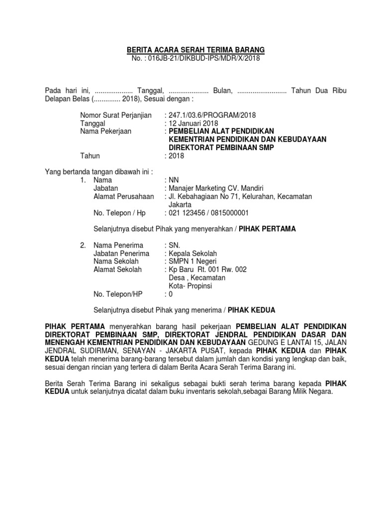 Contoh Berita Acara Serah Terima Barang Hibah