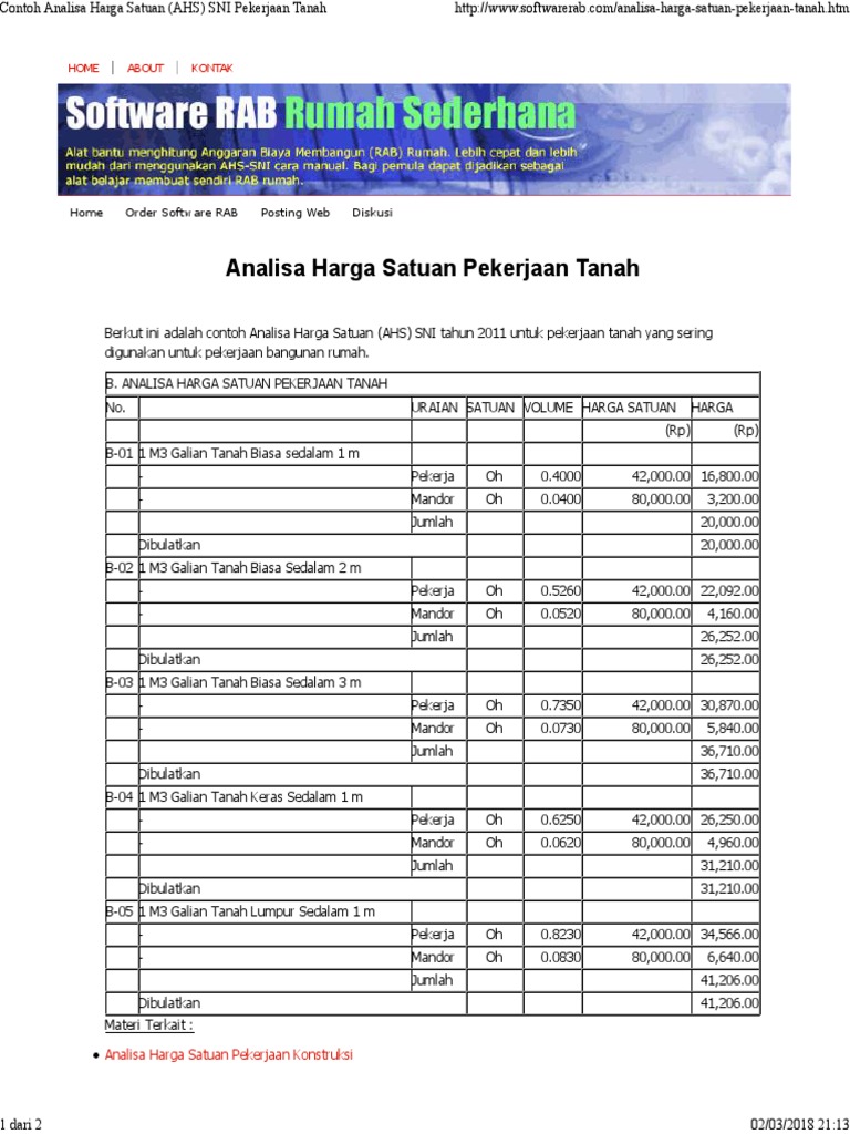  Contoh  Analisa  Harga Satuan AHS SNI Pekerjaan  Tanah