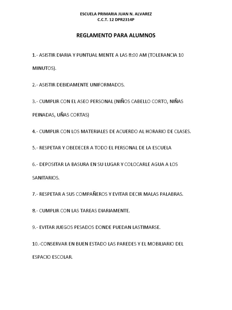 Reglamento Escolar para Escuela Primaria PDF