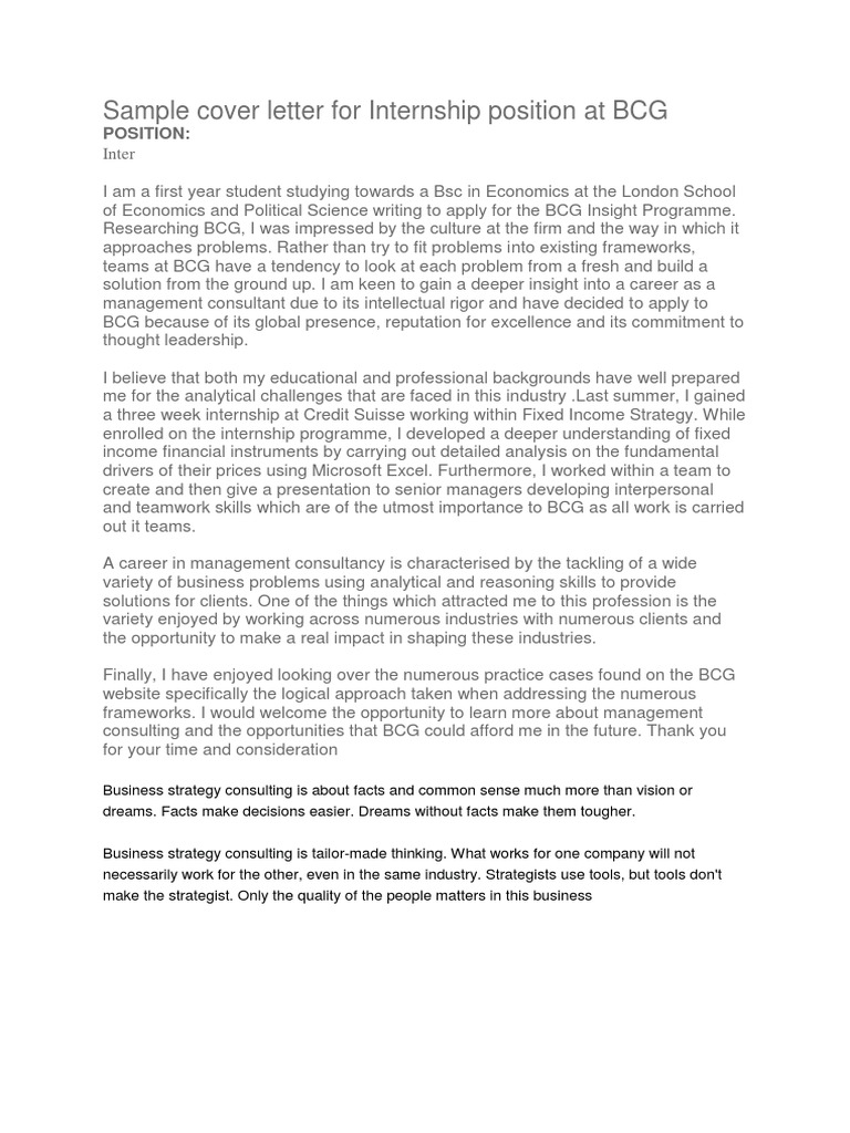 bcg consulting internship cover letter