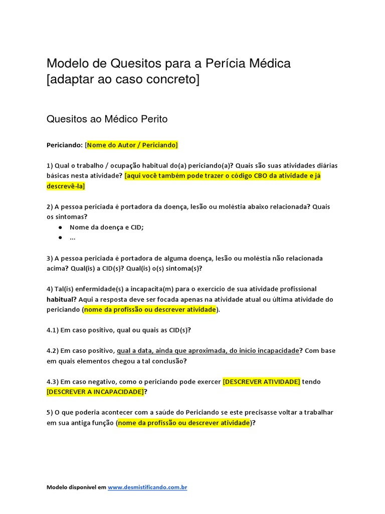 Modelo de Quesitos para Perícia Médica | PDF | Remédio | Medicina Clínica