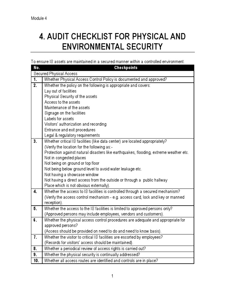 Physical and Environmental Security Audit Checklist | PDF ...