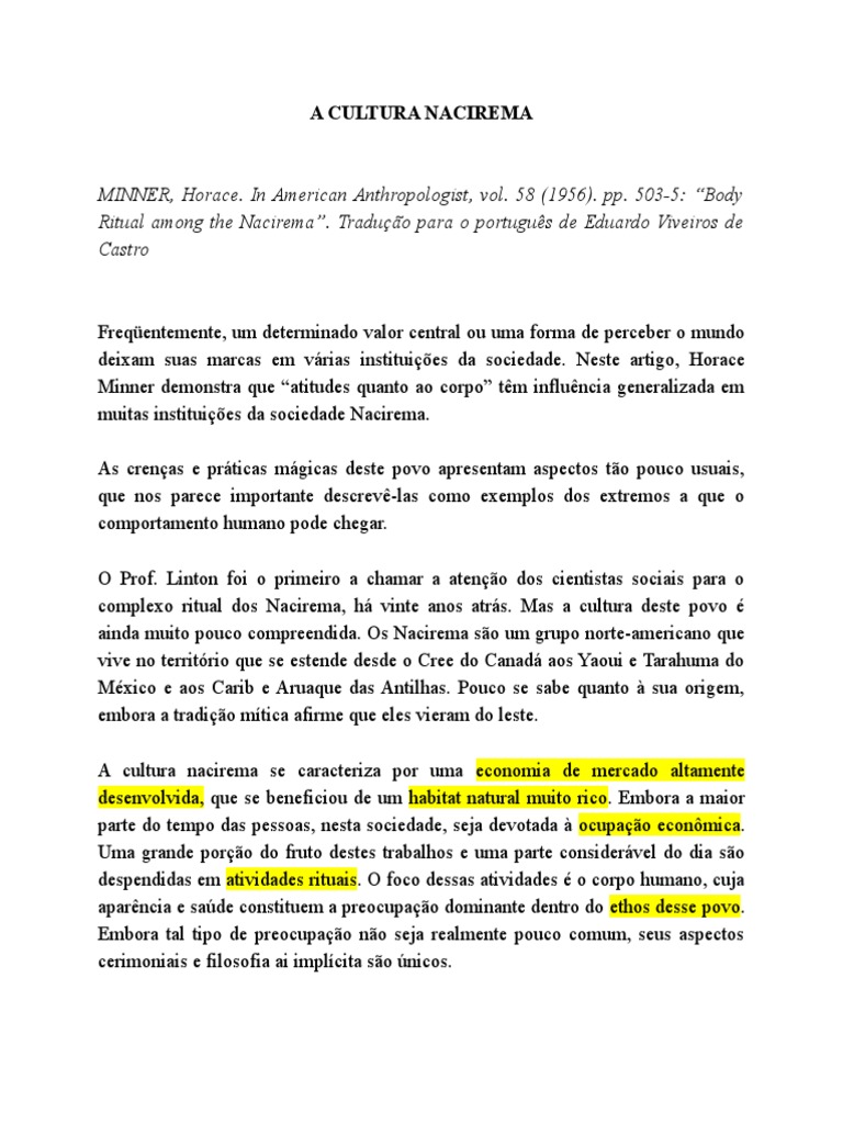 Rituais e Cultura dos Nacirema | PDF | Humano | Rituais