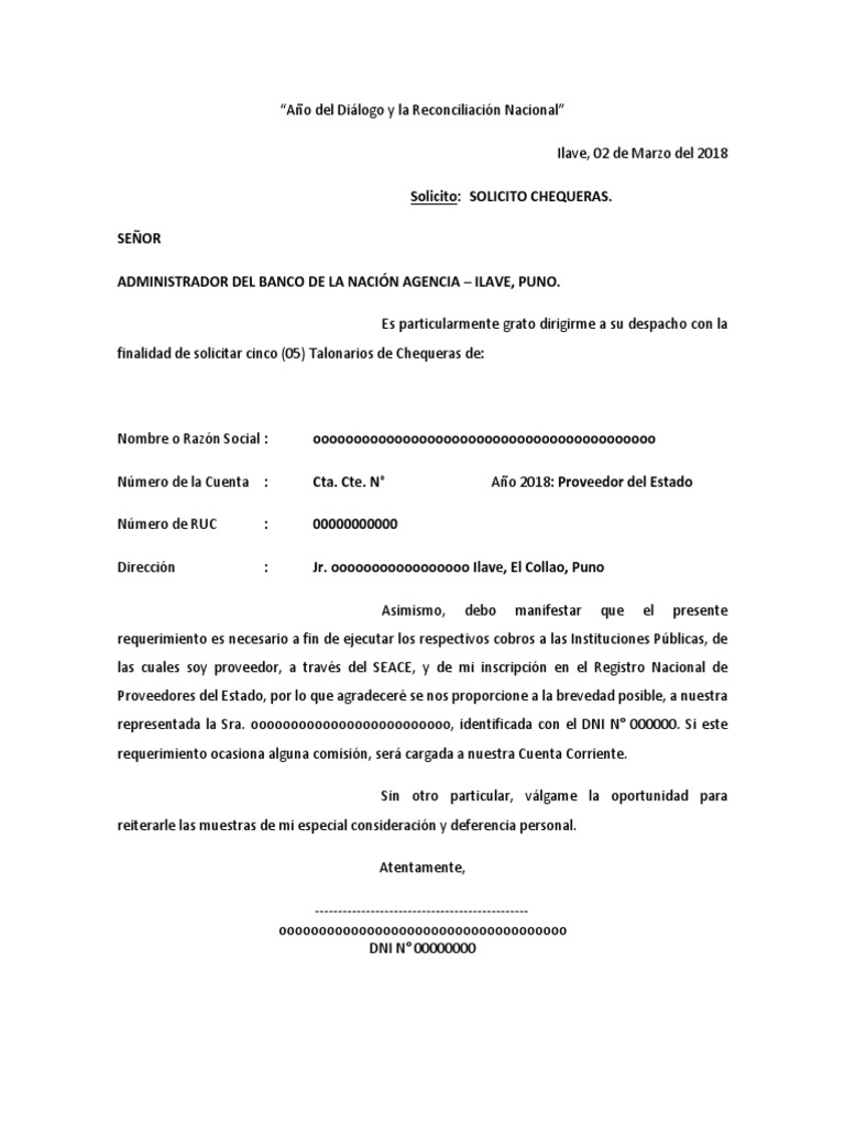 Modelo De Solicitud Chequeras Banco Nacion Peru