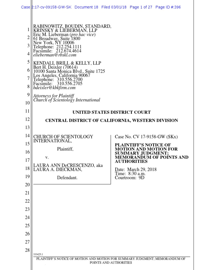 Scientology v. DeCrescenzo (Federal) Motion For Summary Judgment | PDF |  Collateral Estoppel | Lawsuit