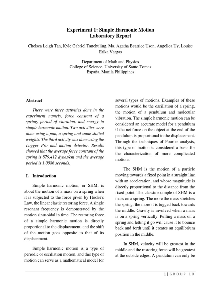 Experiment 1 Simple Harmonic Motion Pdf Oscillation Physics
