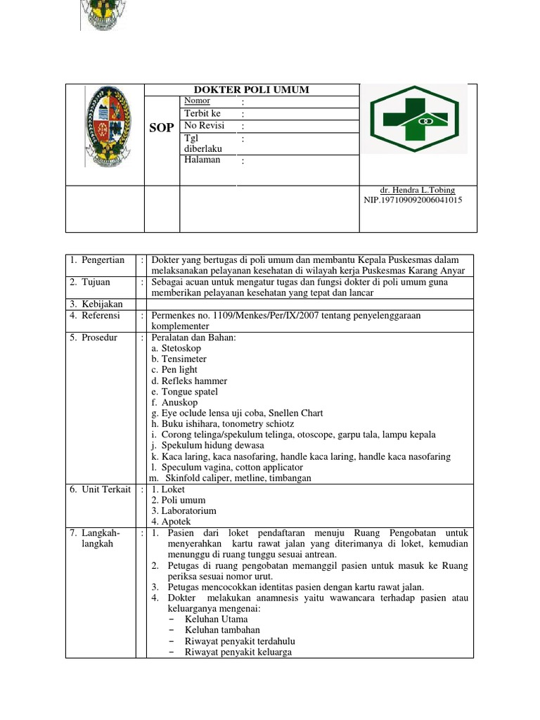 358990383 Sop Dokter Umum Puskesmas Copy
