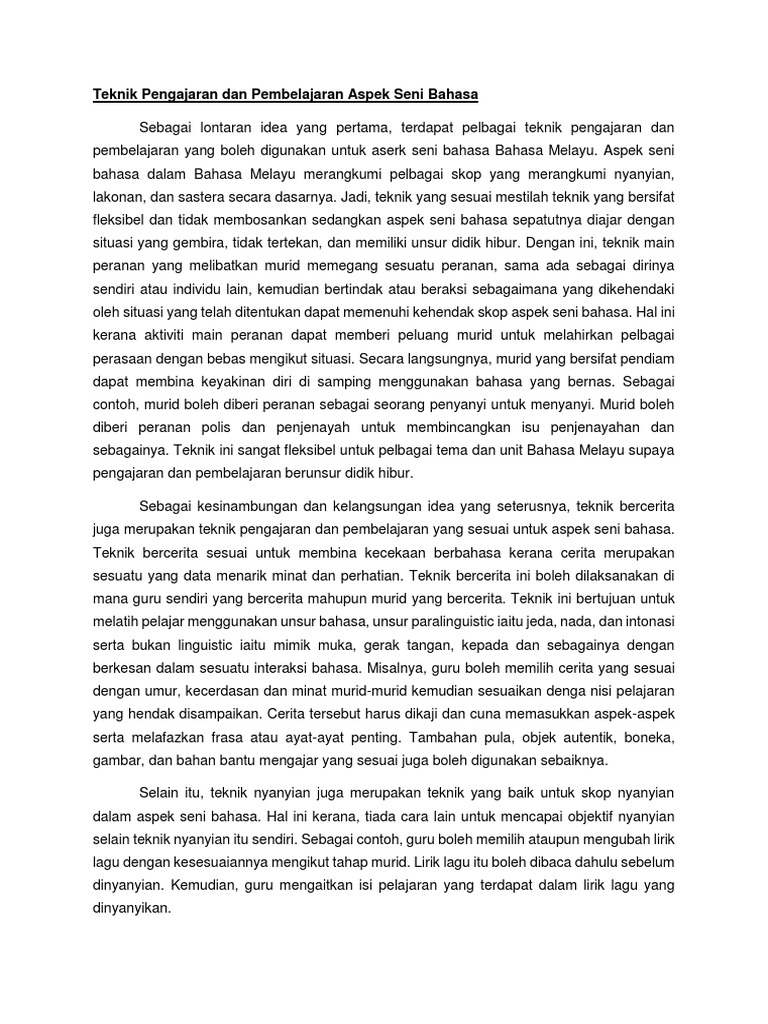 Teknik Pengajaran Dan Pembelajaran Aspek Seni Bahasa  PDF