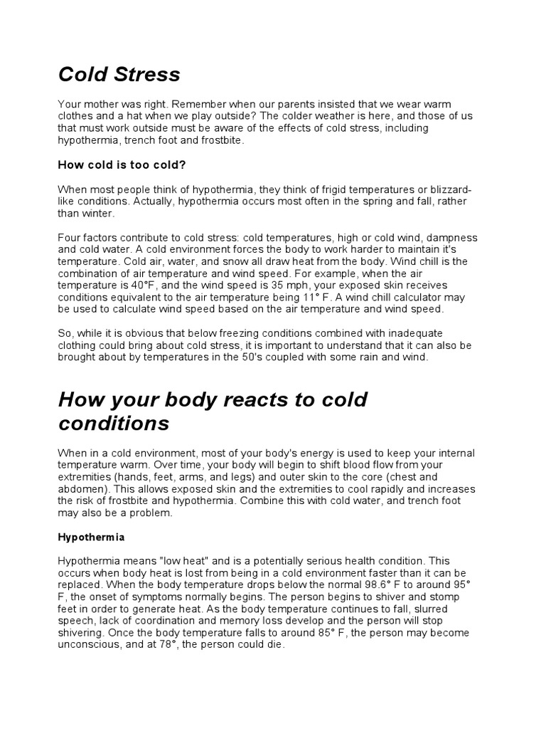 Cold Stress How Cold Is Too Cold? PDF Hypothermia Health Treatment