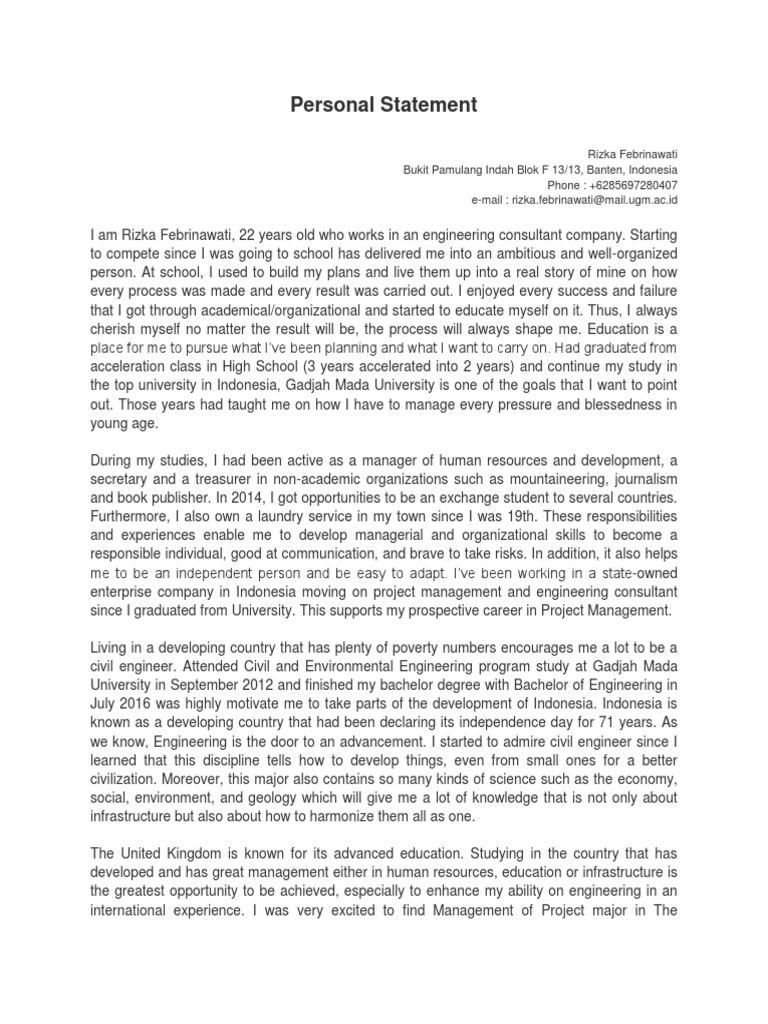 Personal Statement PDF Project Management Engineering