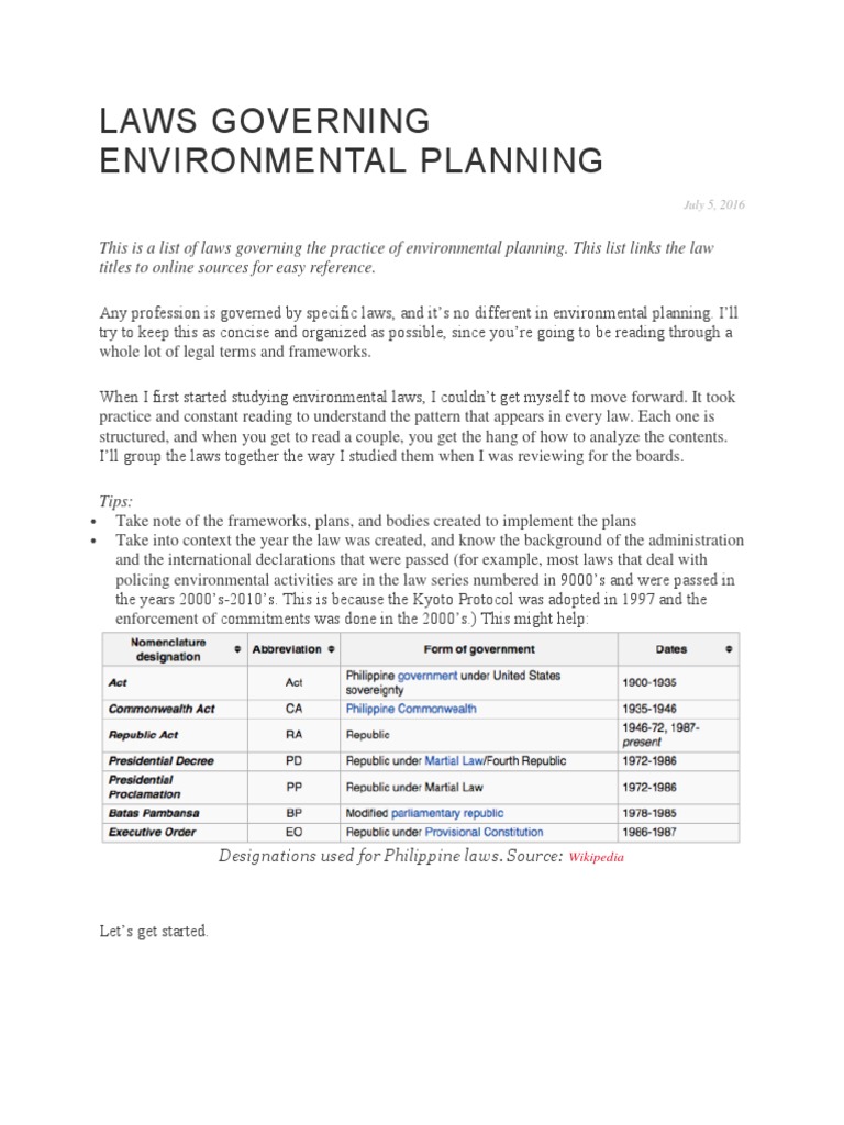 Laws Governing Environmental Planning Environmental Law Waste