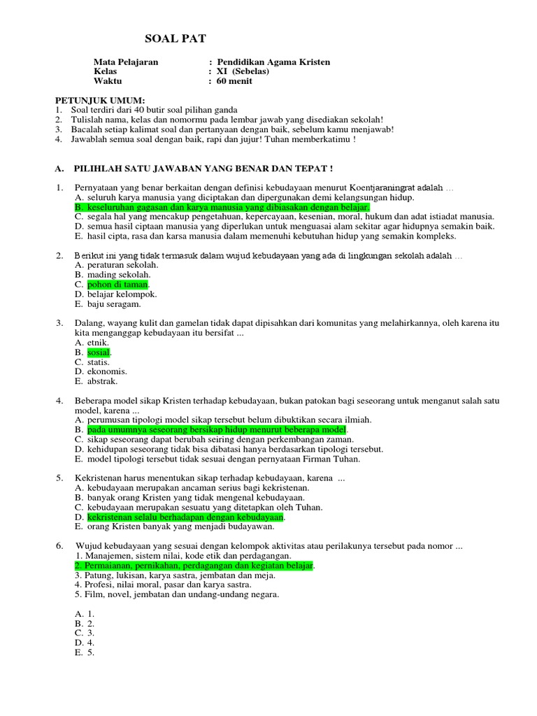 Soal Pat Agama Kristen Kelas Xi Soal Pat Agama Kristen Kelas Xi